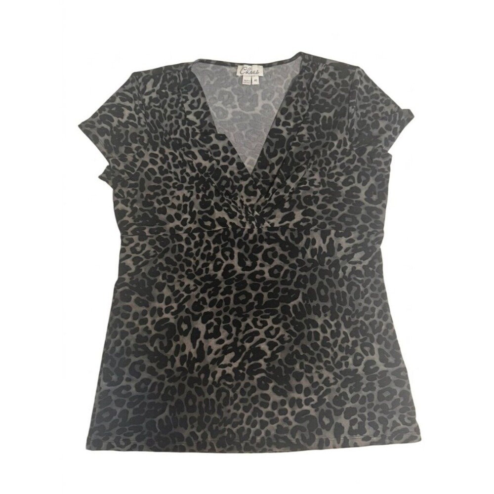 Chaus New York Grey Black Leopard Print Surplice V-Neck Blouse